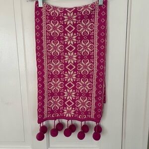 Bloomingdales Cashmere Wool Nordic Alpine Pom Poms Scarf Hot Pink Ivory Soft New